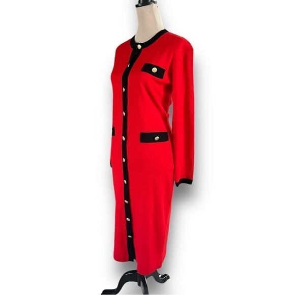 Vintage Red Button Down Sweater Dress with Black Contrast Trim by Outlander, M - Picture 4 of 11